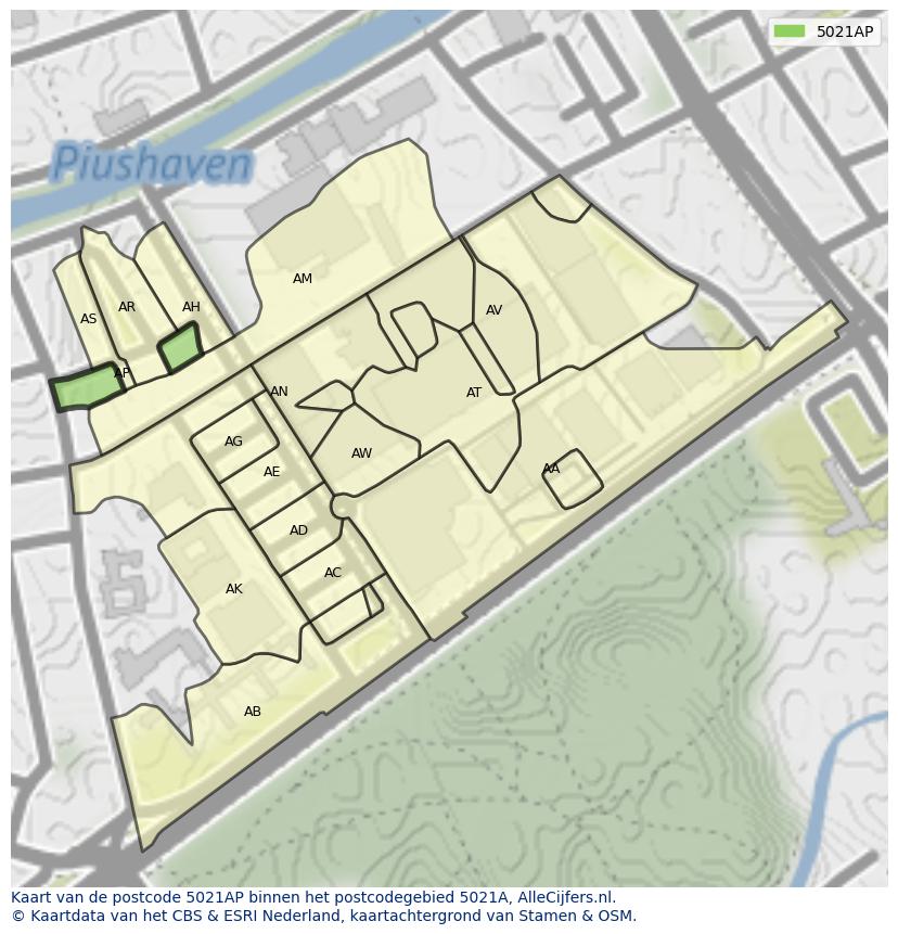 Afbeelding van het postcodegebied 5021 AP op de kaart.