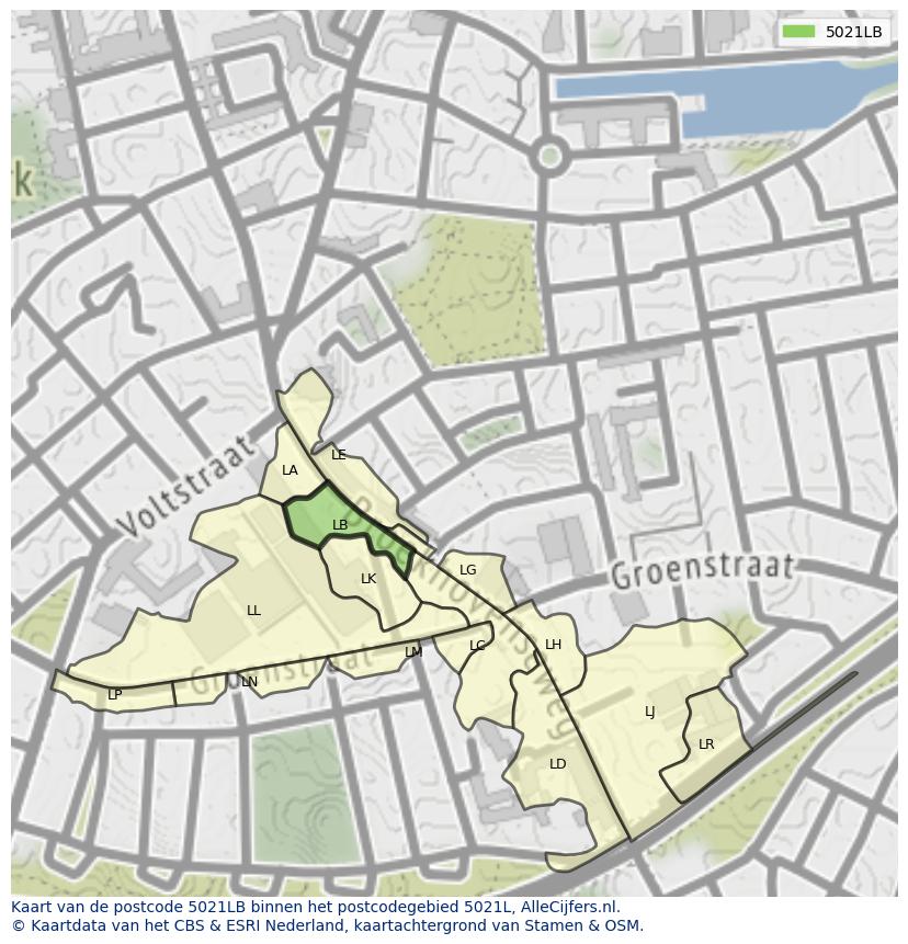 Afbeelding van het postcodegebied 5021 LB op de kaart.
