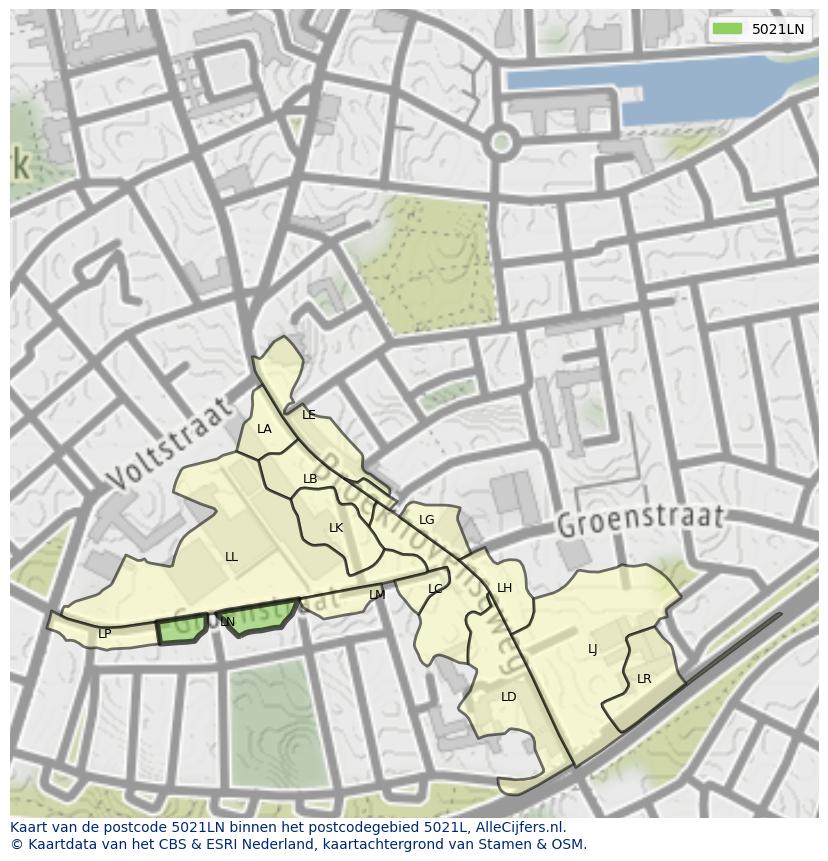 Afbeelding van het postcodegebied 5021 LN op de kaart.