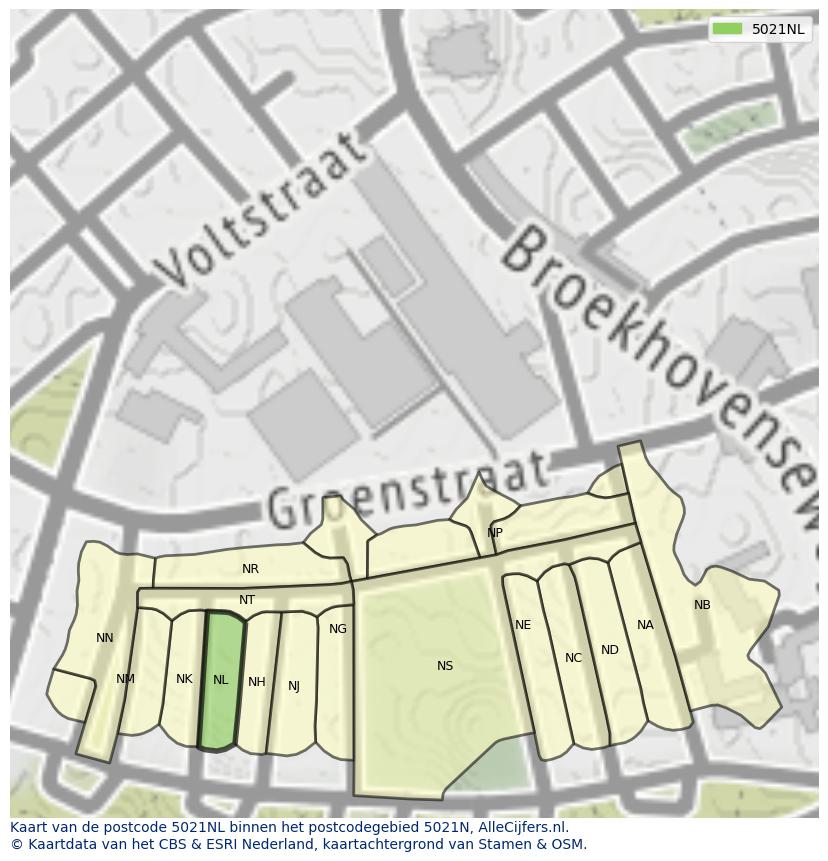 Afbeelding van het postcodegebied 5021 NL op de kaart.