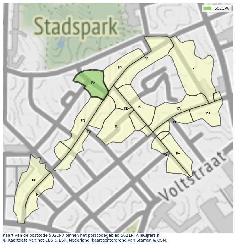 Afbeelding van het postcodegebied 5021 PV op de kaart.