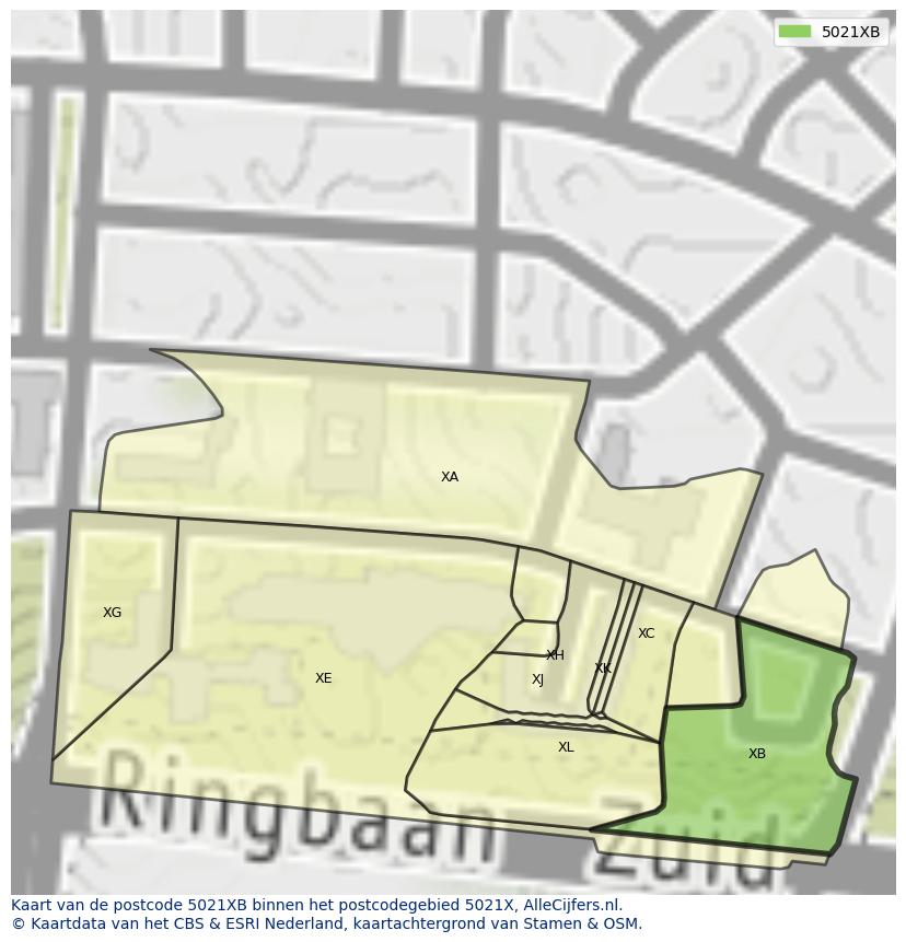 Afbeelding van het postcodegebied 5021 XB op de kaart.