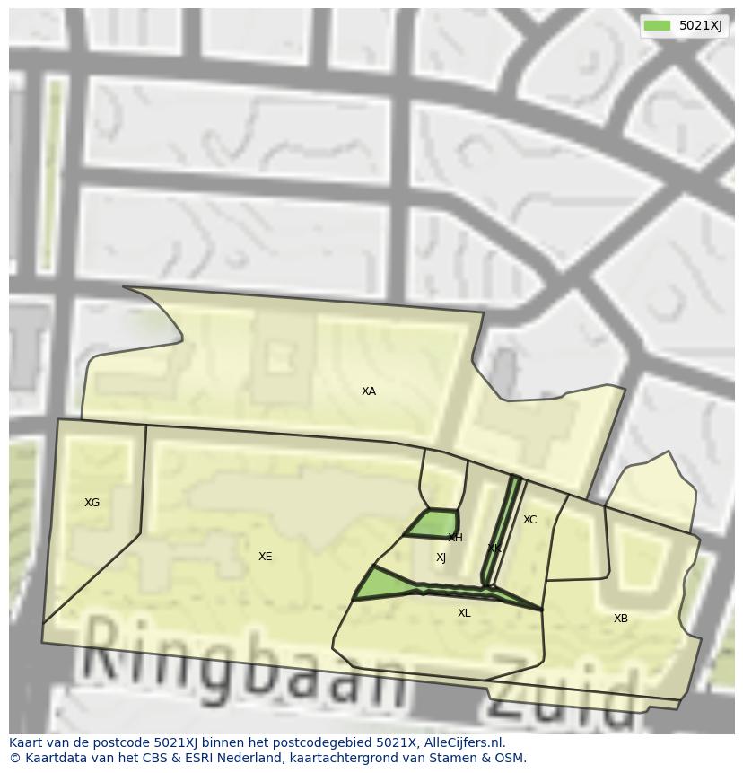 Afbeelding van het postcodegebied 5021 XJ op de kaart.