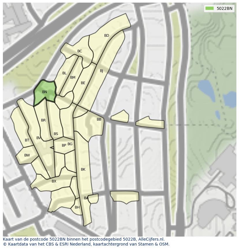 Afbeelding van het postcodegebied 5022 BN op de kaart.