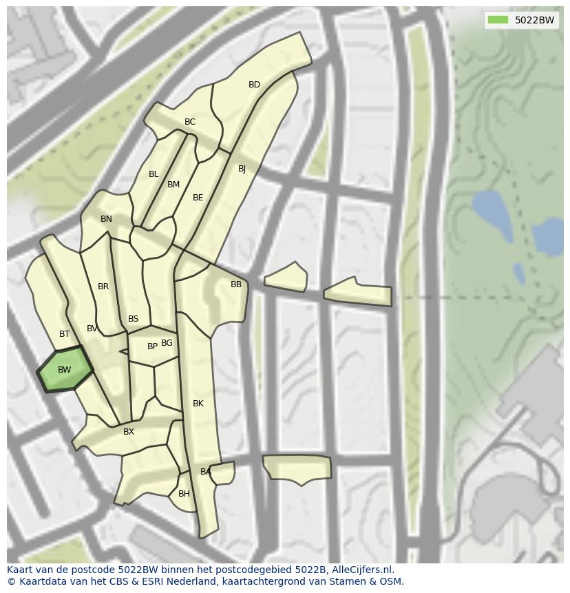 Afbeelding van het postcodegebied 5022 BW op de kaart.