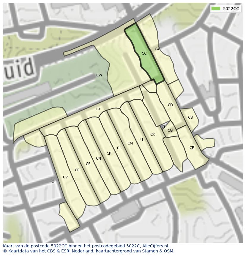 Afbeelding van het postcodegebied 5022 CC op de kaart.