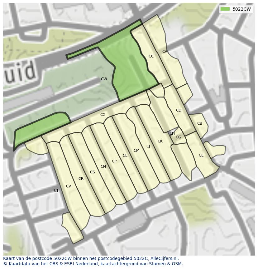 Afbeelding van het postcodegebied 5022 CW op de kaart.