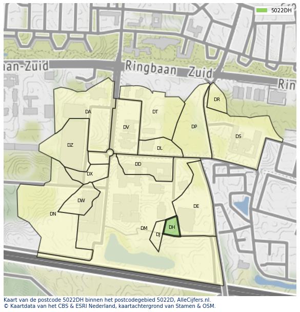 Afbeelding van het postcodegebied 5022 DH op de kaart.