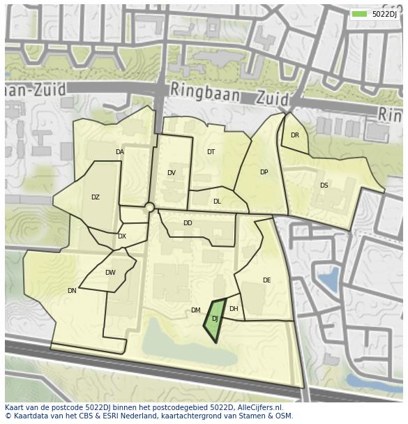 Afbeelding van het postcodegebied 5022 DJ op de kaart.