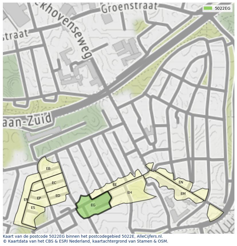 Afbeelding van het postcodegebied 5022 EG op de kaart.