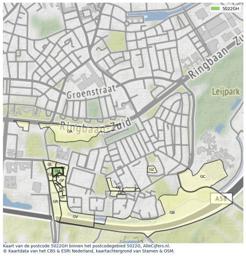 Afbeelding van het postcodegebied 5022 GH op de kaart.