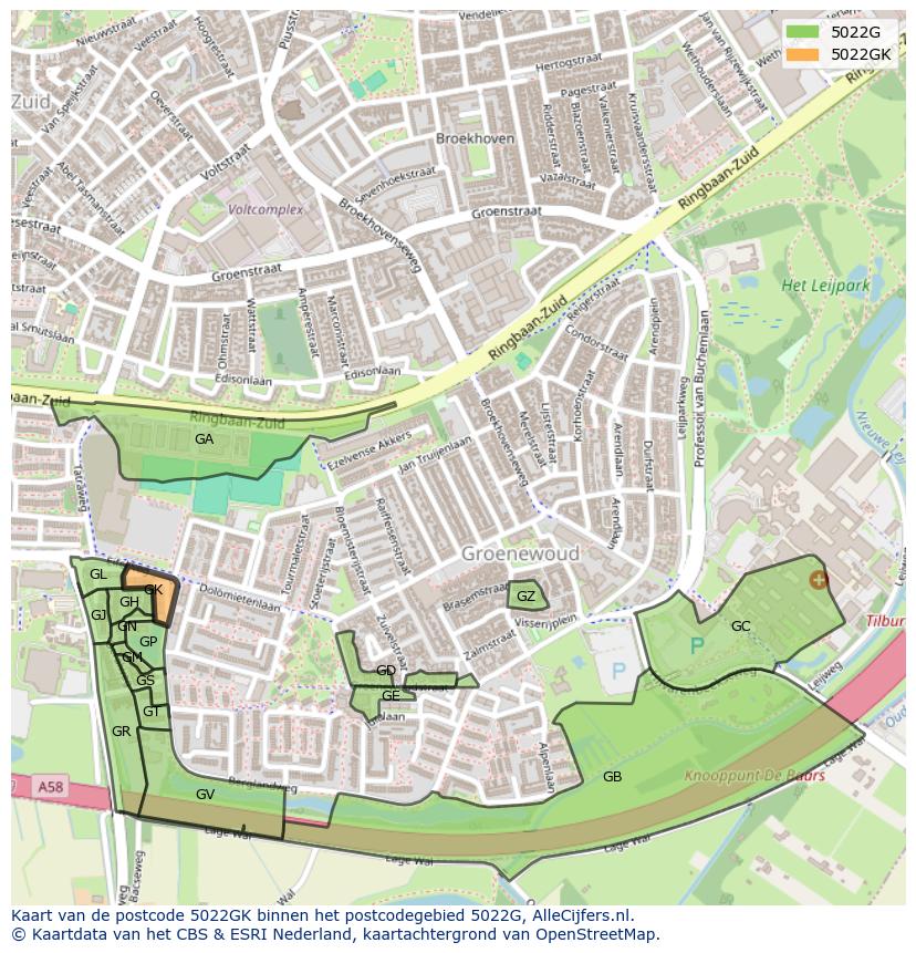 Afbeelding van het postcodegebied 5022 GK op de kaart.