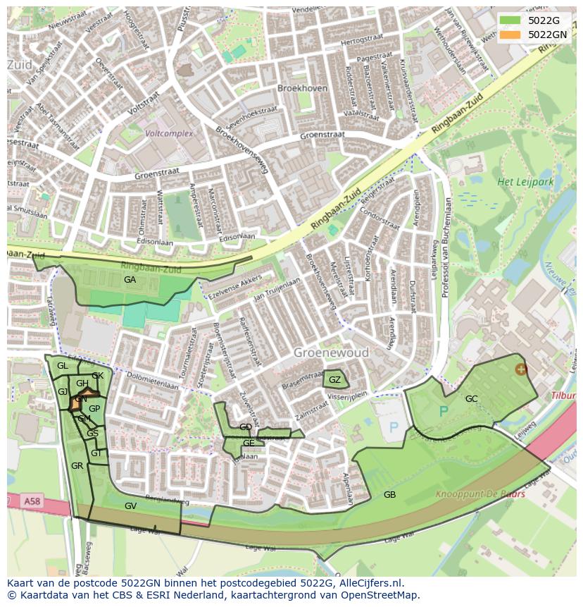 Afbeelding van het postcodegebied 5022 GN op de kaart.