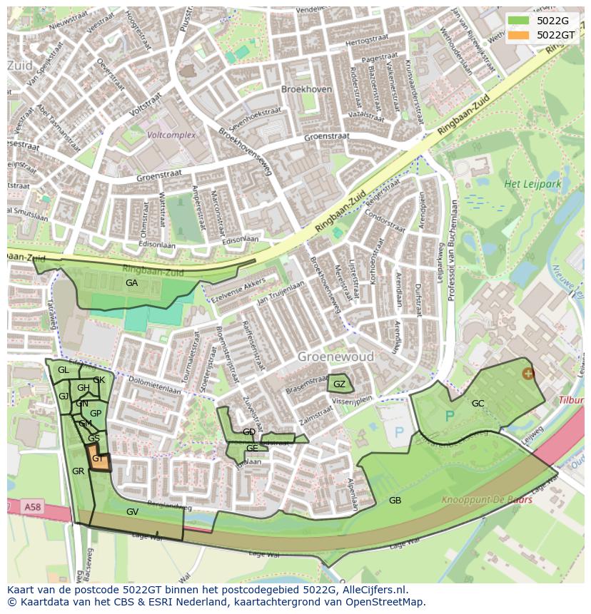 Afbeelding van het postcodegebied 5022 GT op de kaart.