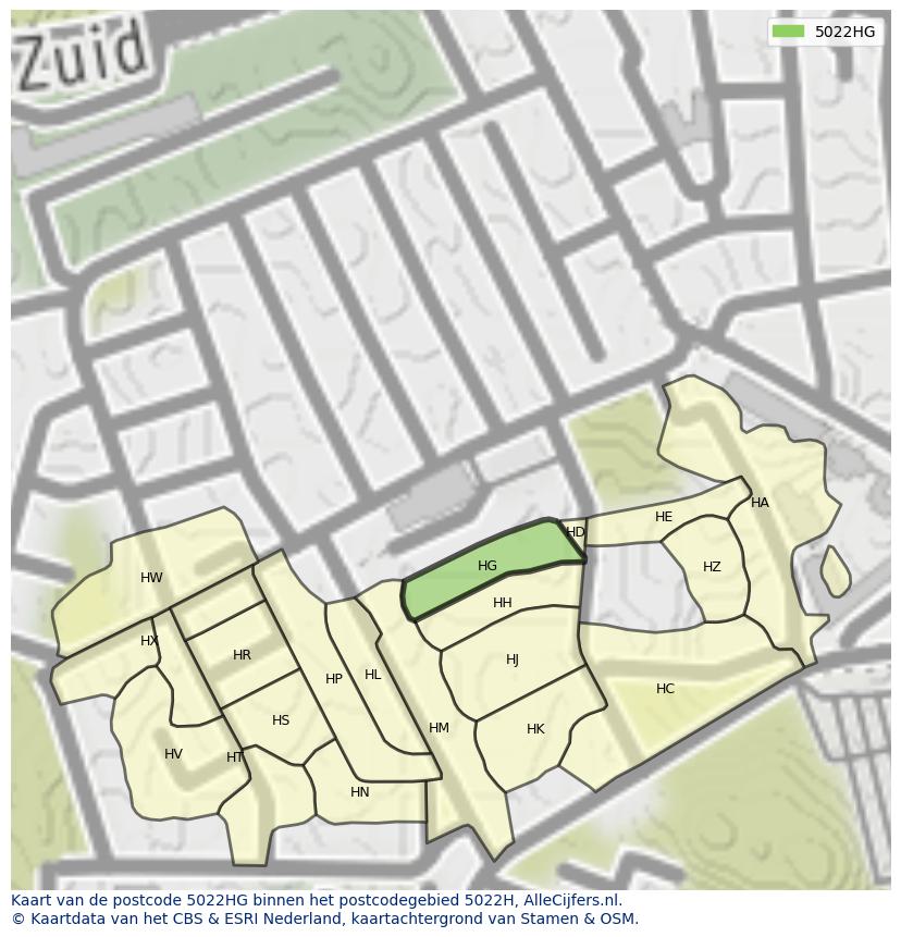 Afbeelding van het postcodegebied 5022 HG op de kaart.