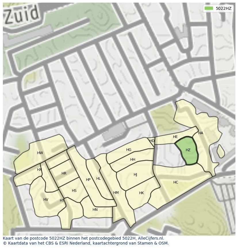 Afbeelding van het postcodegebied 5022 HZ op de kaart.