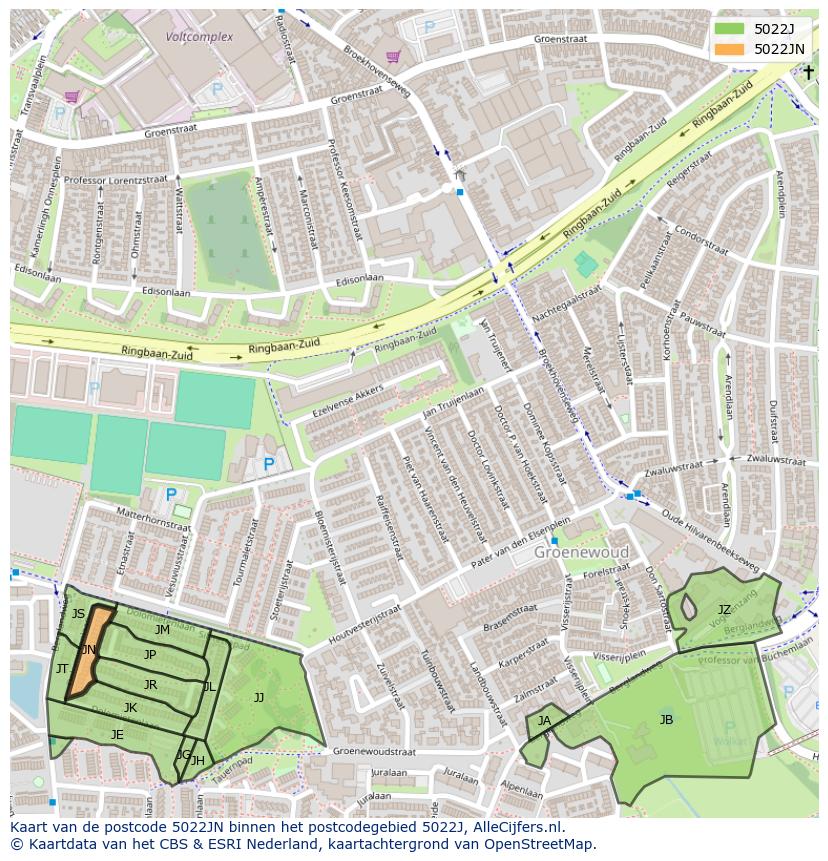 Afbeelding van het postcodegebied 5022 JN op de kaart.