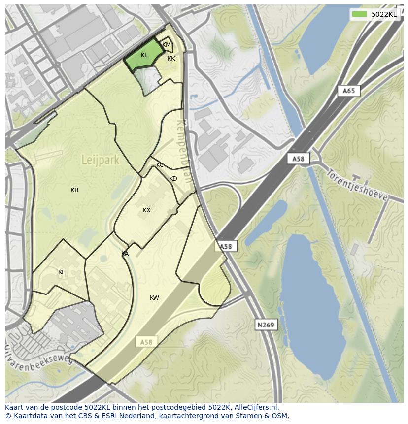 Afbeelding van het postcodegebied 5022 KL op de kaart.