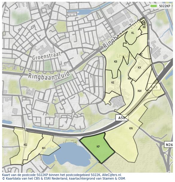 Afbeelding van het postcodegebied 5022 KP op de kaart.