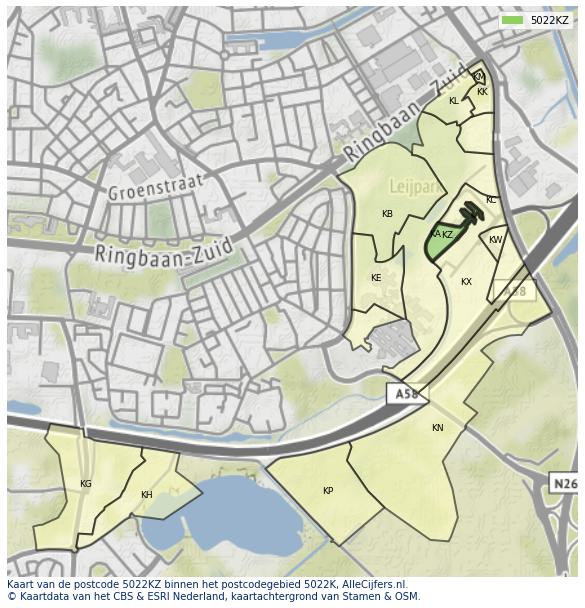Afbeelding van het postcodegebied 5022 KZ op de kaart.