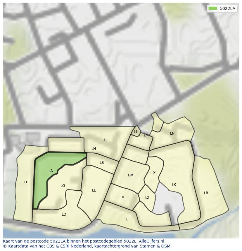 Afbeelding van het postcodegebied 5022 LA op de kaart.