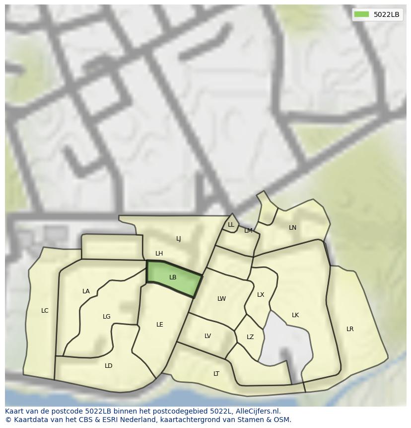 Afbeelding van het postcodegebied 5022 LB op de kaart.