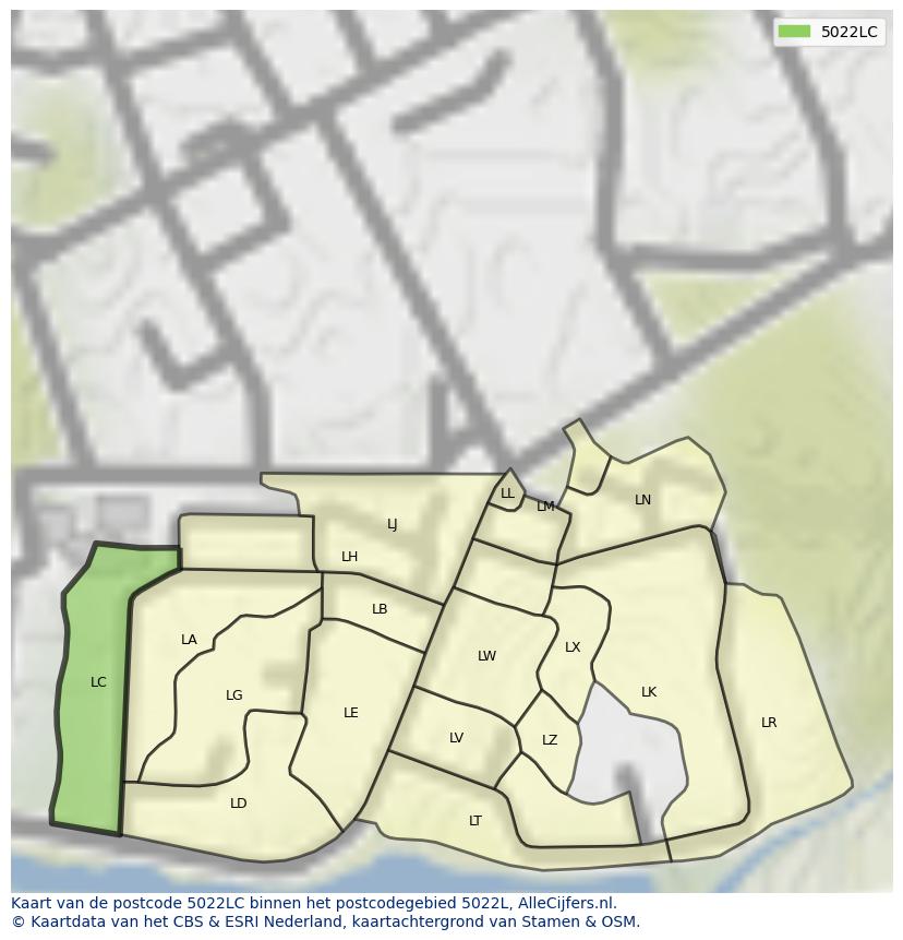 Afbeelding van het postcodegebied 5022 LC op de kaart.