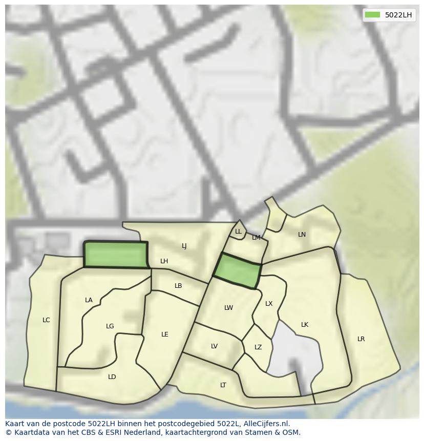 Afbeelding van het postcodegebied 5022 LH op de kaart.