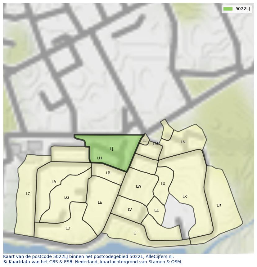 Afbeelding van het postcodegebied 5022 LJ op de kaart.
