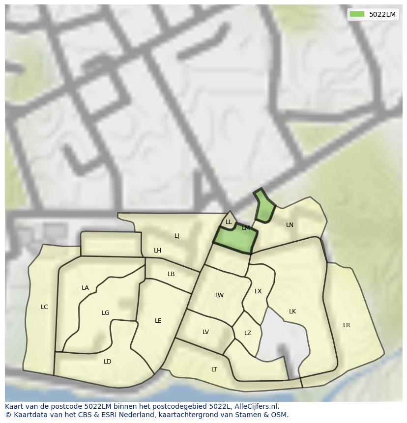 Afbeelding van het postcodegebied 5022 LM op de kaart.