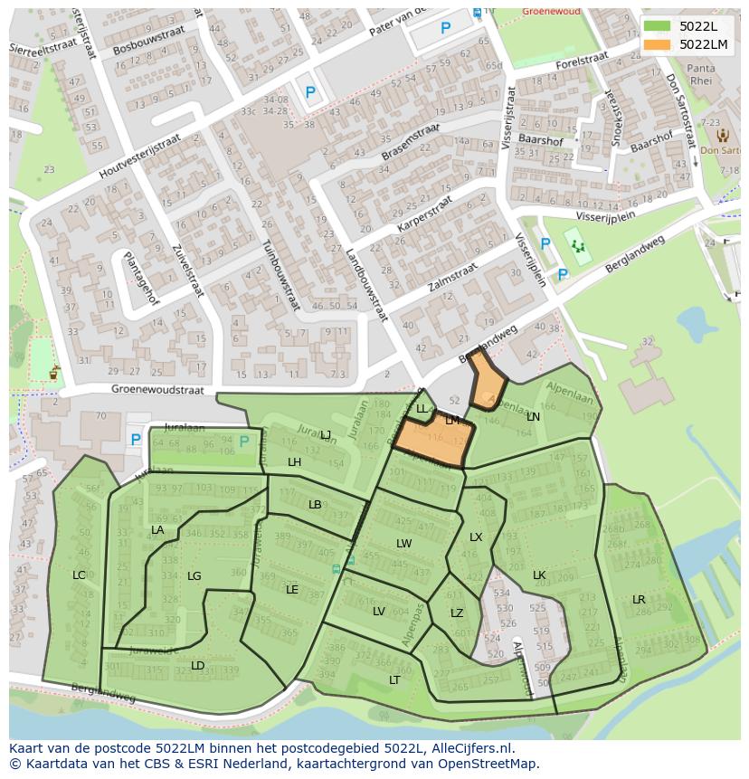 Afbeelding van het postcodegebied 5022 LM op de kaart.