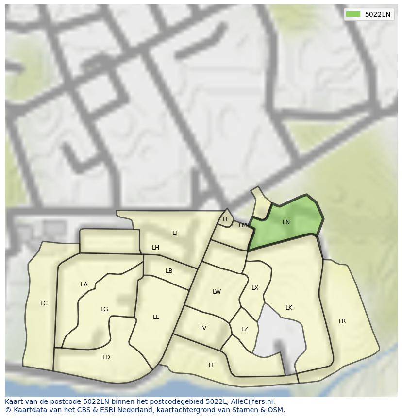 Afbeelding van het postcodegebied 5022 LN op de kaart.