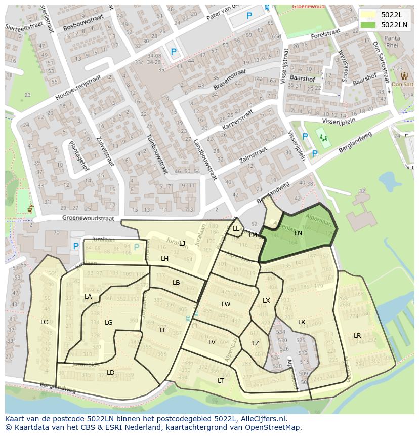 Afbeelding van het postcodegebied 5022 LN op de kaart.