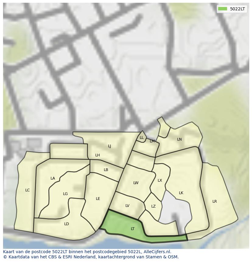 Afbeelding van het postcodegebied 5022 LT op de kaart.