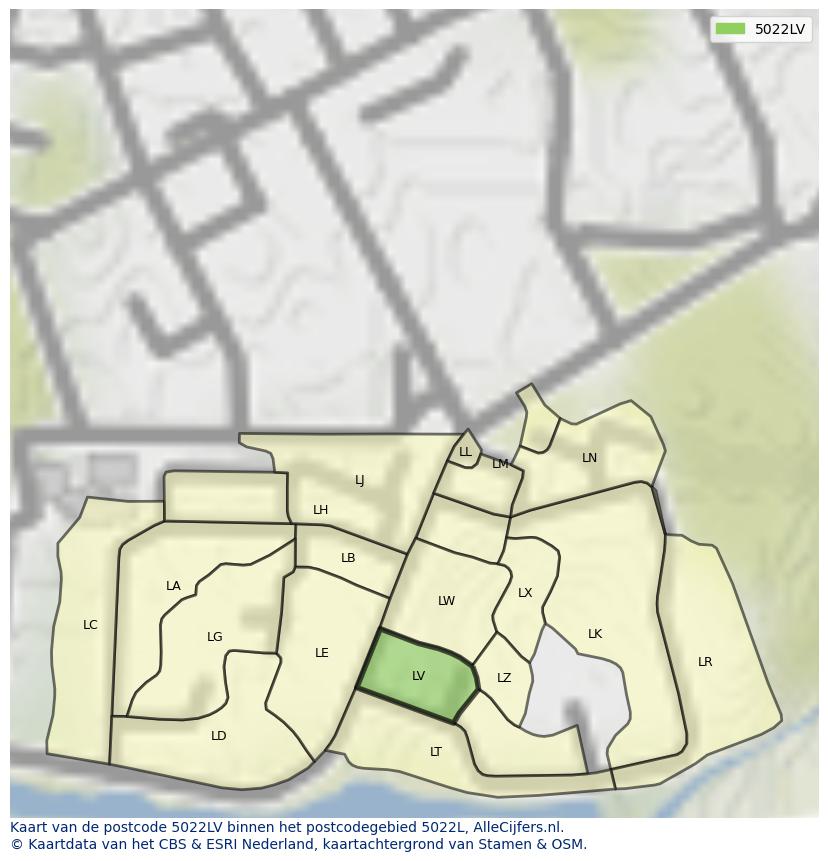 Afbeelding van het postcodegebied 5022 LV op de kaart.