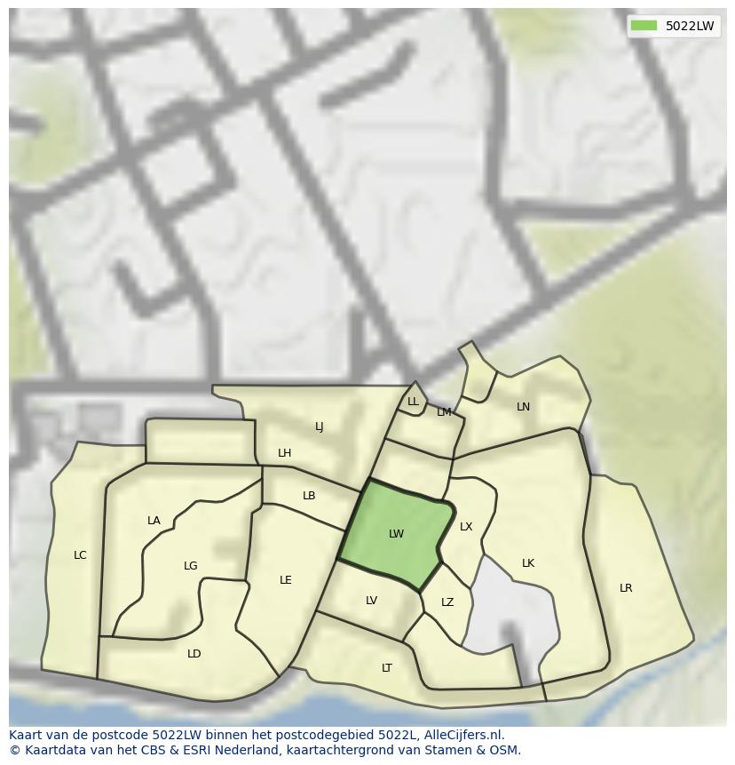 Afbeelding van het postcodegebied 5022 LW op de kaart.
