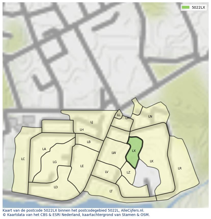 Afbeelding van het postcodegebied 5022 LX op de kaart.