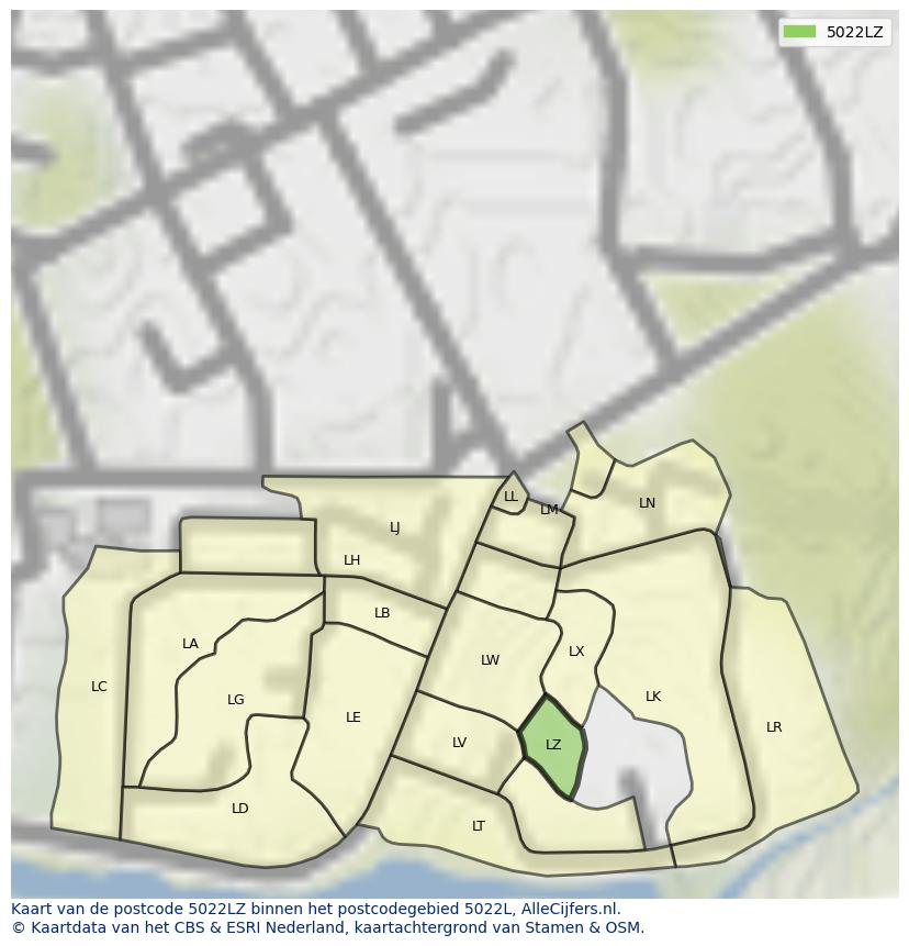Afbeelding van het postcodegebied 5022 LZ op de kaart.