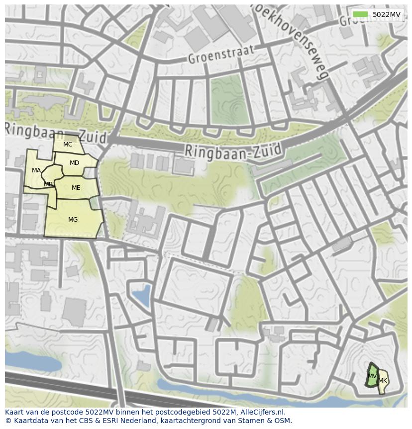 Afbeelding van het postcodegebied 5022 MV op de kaart.