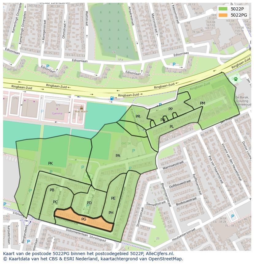 Afbeelding van het postcodegebied 5022 PG op de kaart.