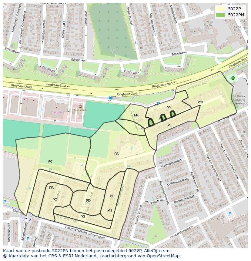 Afbeelding van het postcodegebied 5022 PN op de kaart.