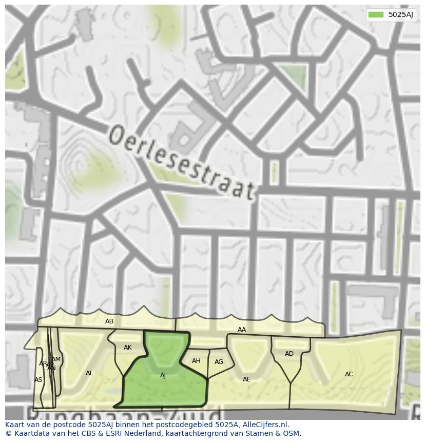 Afbeelding van het postcodegebied 5025 AJ op de kaart.