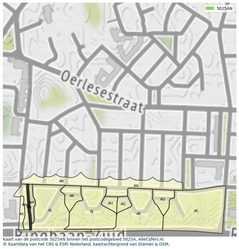 Afbeelding van het postcodegebied 5025 AN op de kaart.