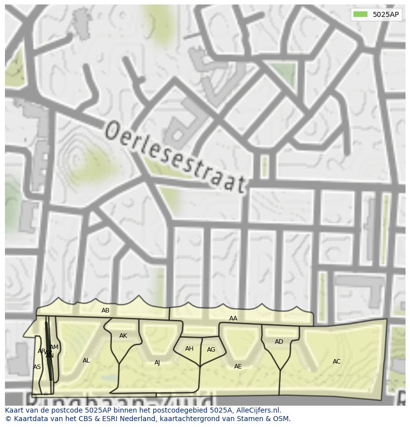 Afbeelding van het postcodegebied 5025 AP op de kaart.