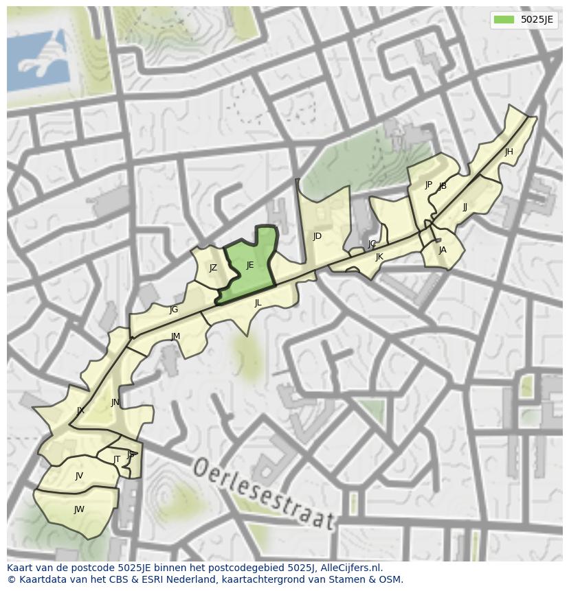 Afbeelding van het postcodegebied 5025 JE op de kaart.