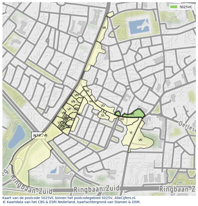 Afbeelding van het postcodegebied 5025 VC op de kaart.