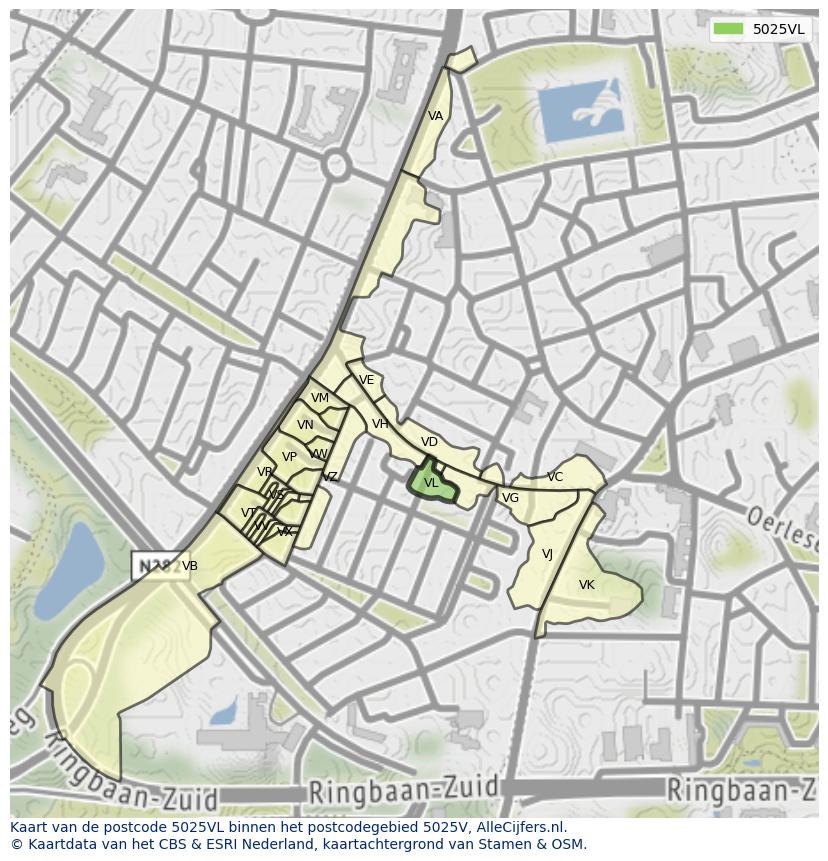 Afbeelding van het postcodegebied 5025 VL op de kaart.