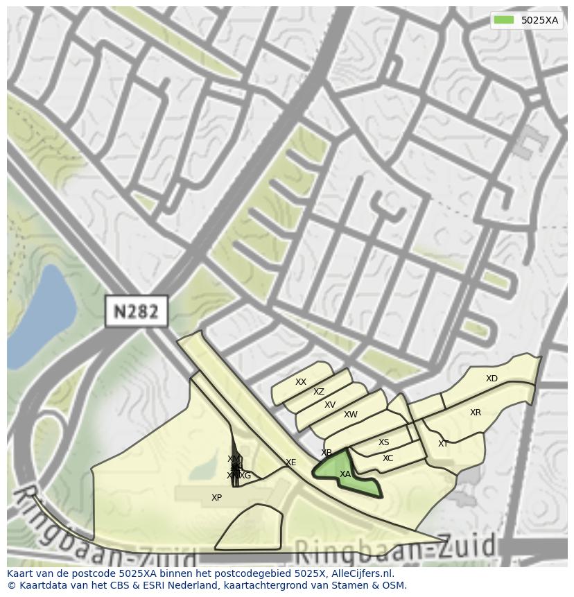 Afbeelding van het postcodegebied 5025 XA op de kaart.