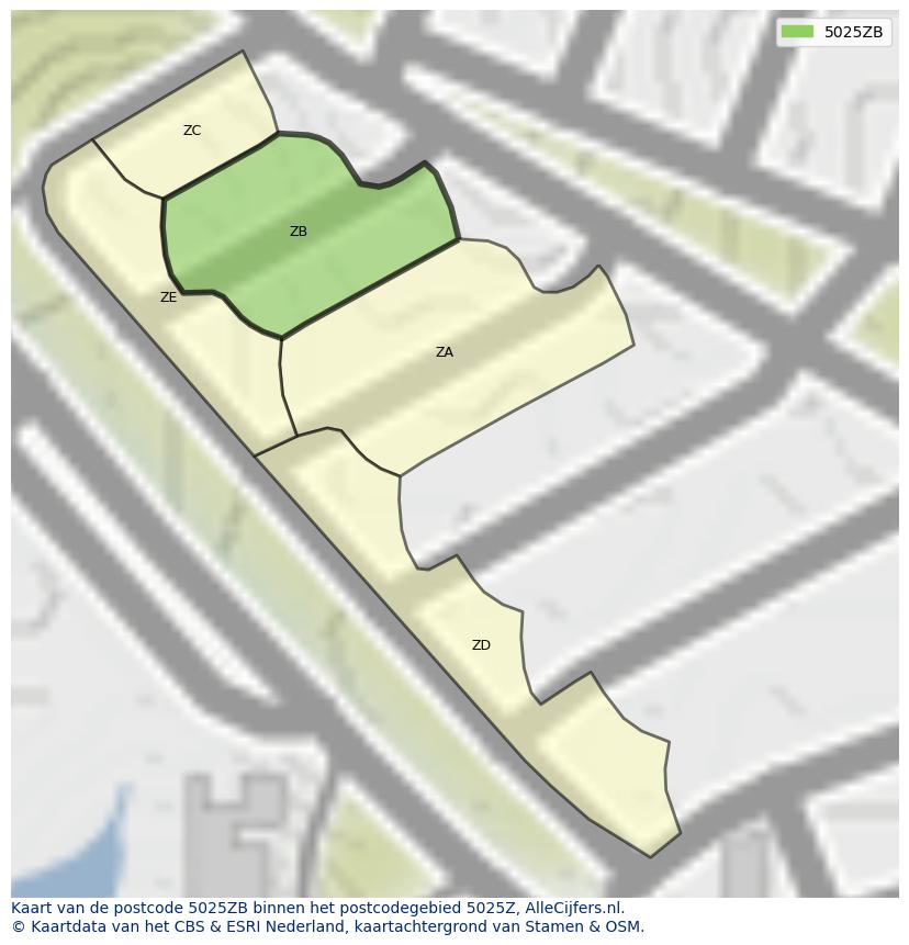 Afbeelding van het postcodegebied 5025 ZB op de kaart.