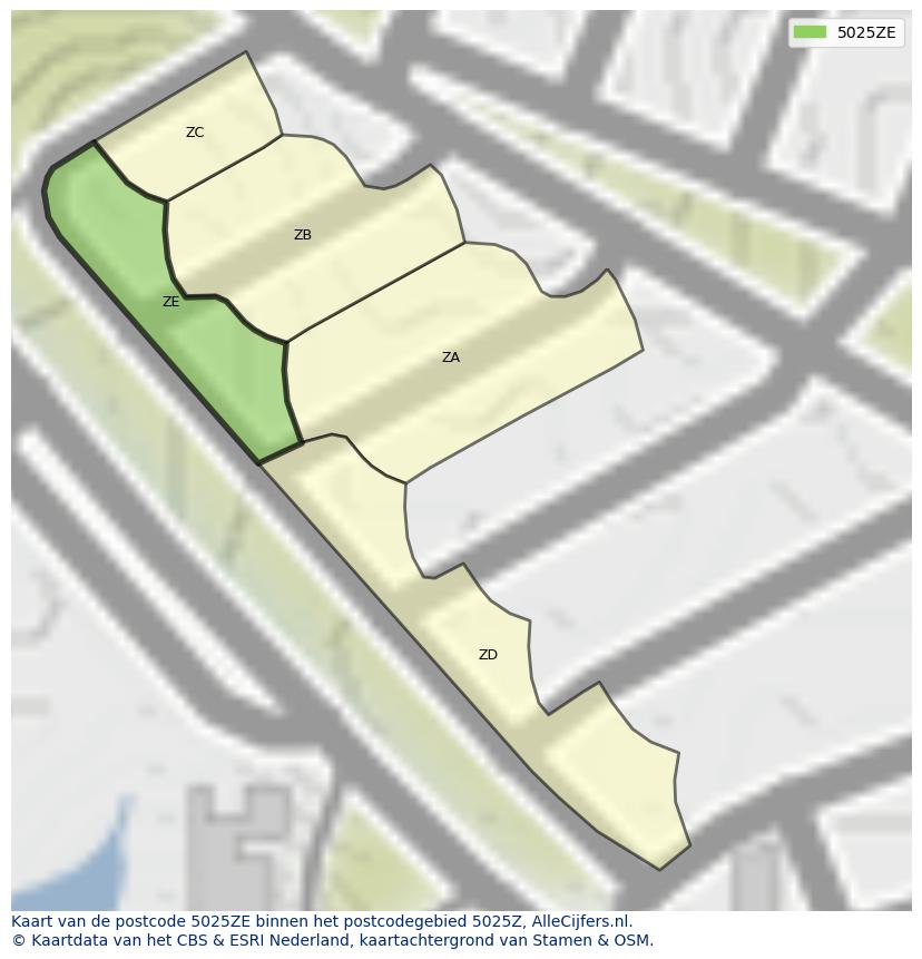 Afbeelding van het postcodegebied 5025 ZE op de kaart.